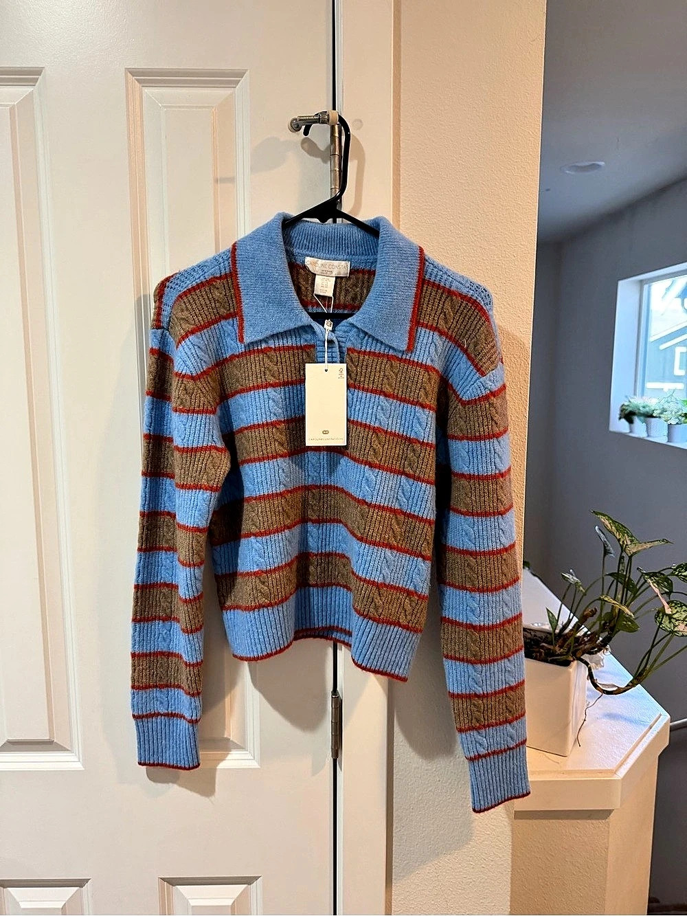 Caroline Constas Stripe Polo Cable Knit Sweater Blue & Brown Small